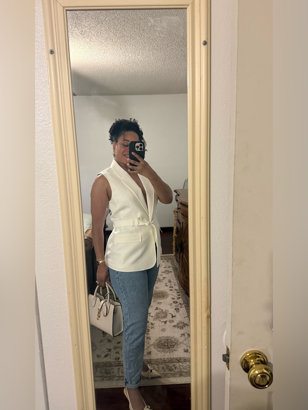 Sleeveless White Belted Blazer Vest M